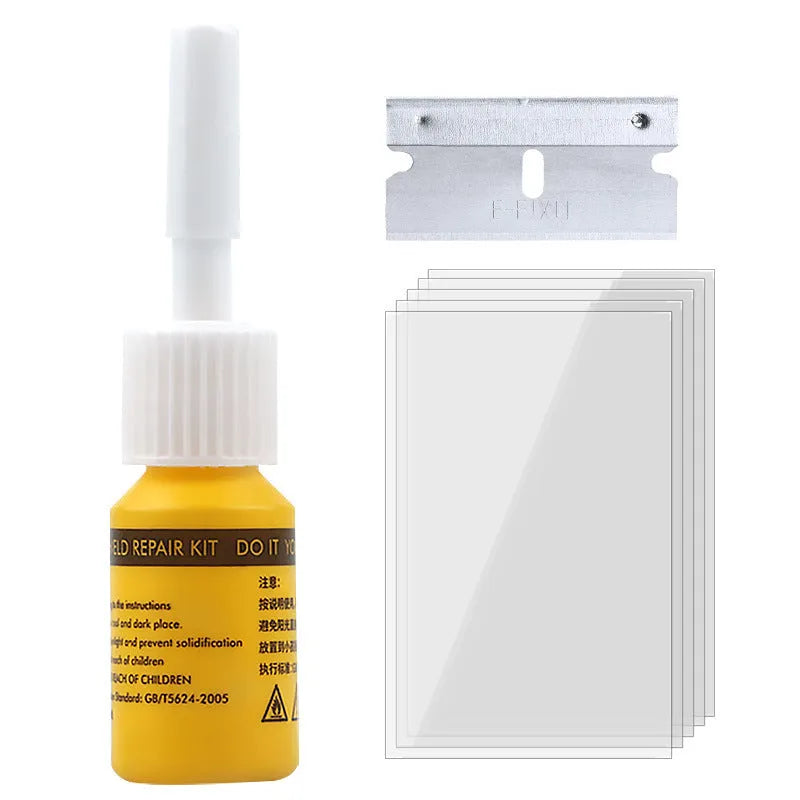 Yellow three-piece car windshield repair tool set with glass repairing liquid for chip and crack repair
