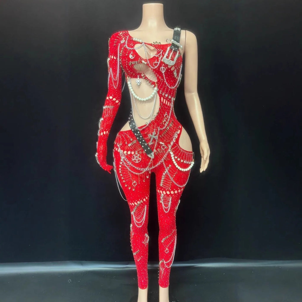 Women's cutout pearl chain jumpsuit in spandex with sequins, long sleeves, cropped skinny pants, black colour