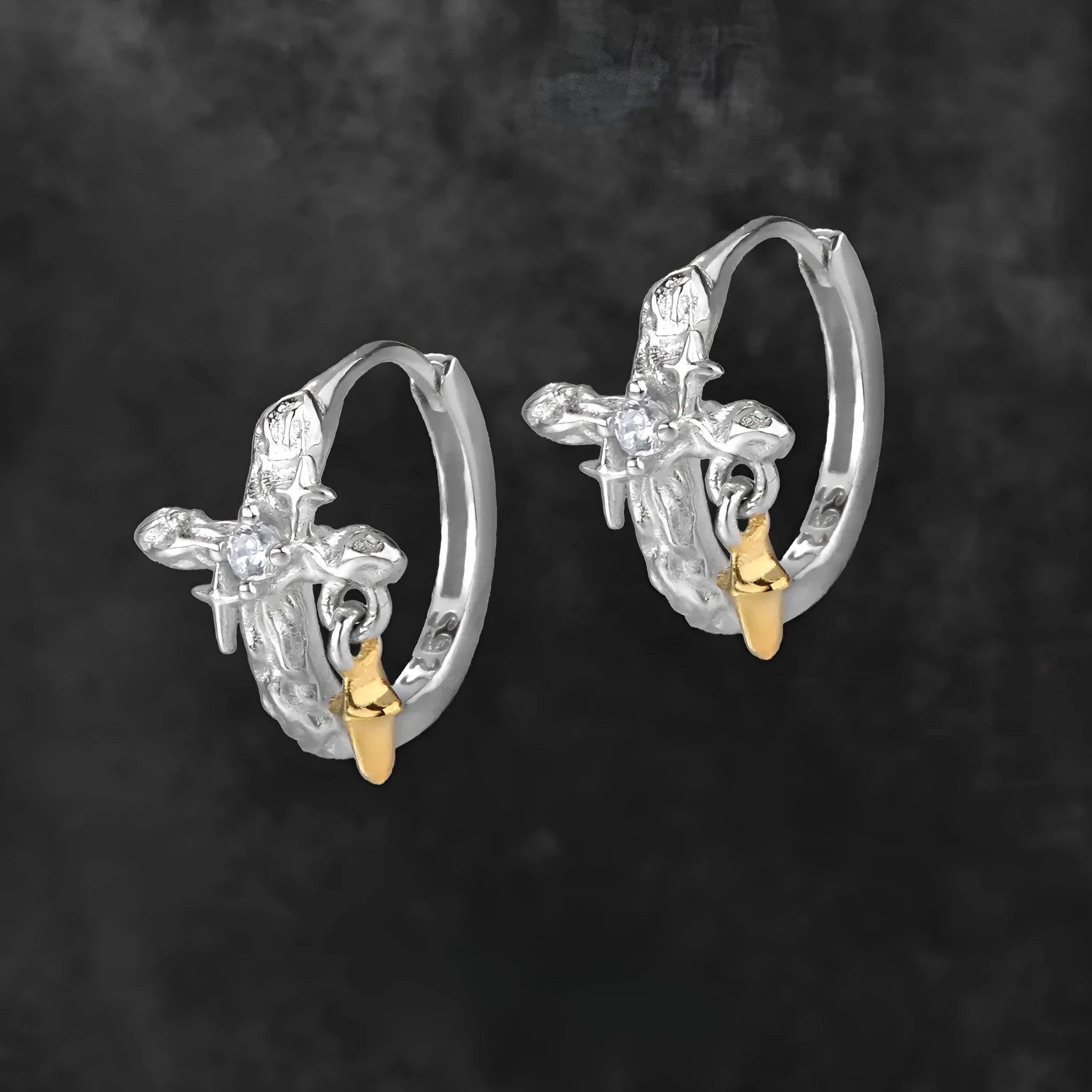 925 sterling silver cross earrings with white gold colour finish and geometric round element design.