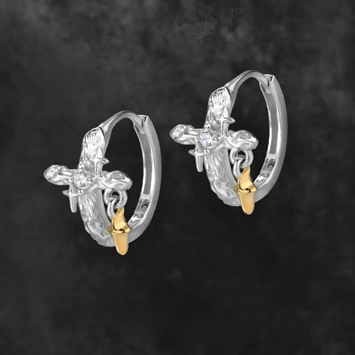 925 sterling silver cross earrings with white gold colour finish and geometric round element design.