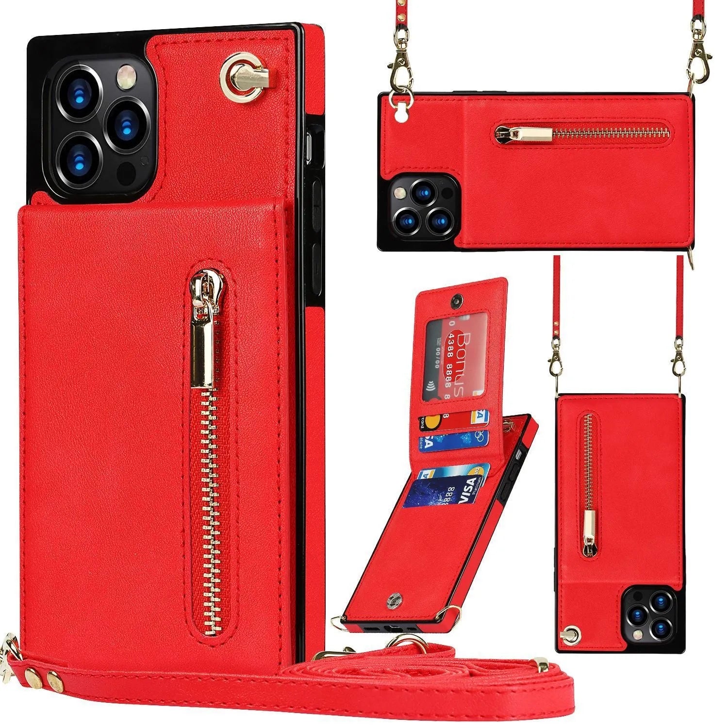 Black leather and TPU protective case fitted on a smartphone, showing precise cutouts for camera and ports.