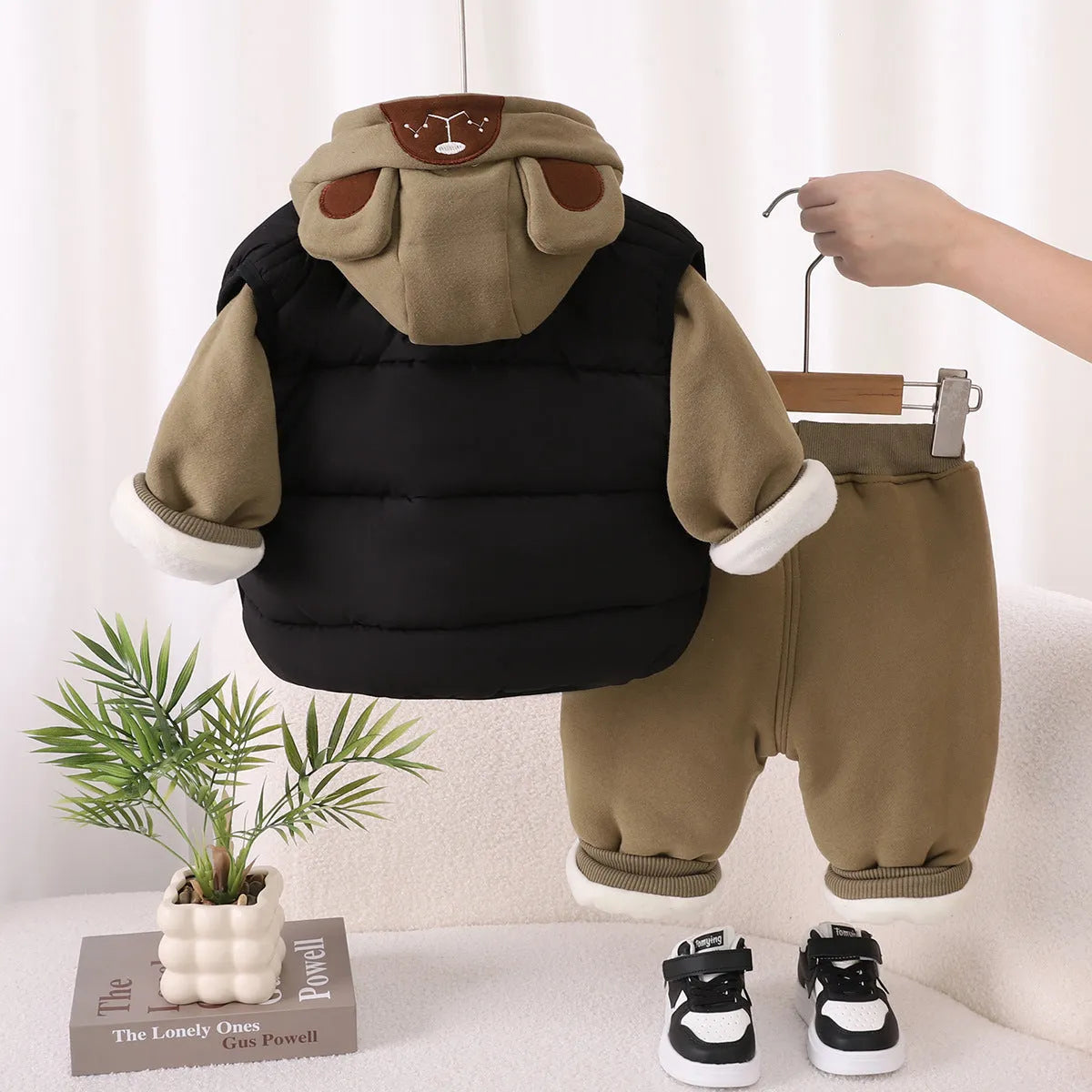 Boys' fleece lined cotton three piece suit with hooded top trousers and vest in green and black