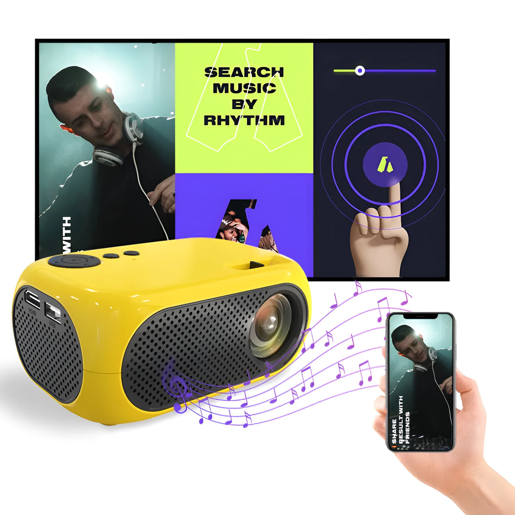 M24 portable mini projector in gold colour showing compact dimensions and included accessories