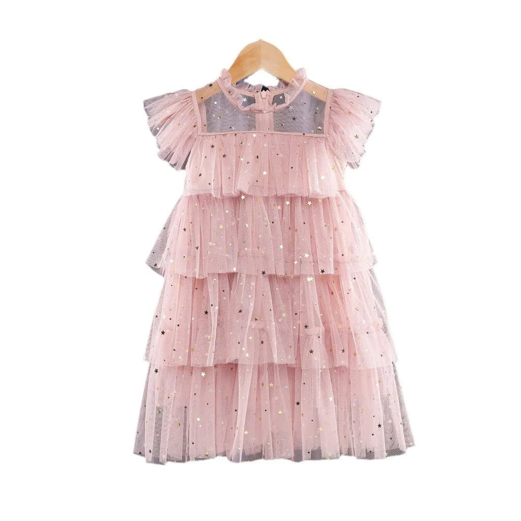 Girls sleeveless sequin star cake dress with cotton lining in blue, available in multiple sizes