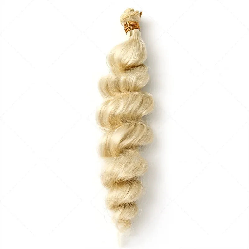 Golden synthetic wig for women on a stand, showing long, straight hair in a bright gold colour.