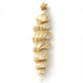 Golden synthetic wig for women on a stand, showing long, straight hair in a bright gold colour.
