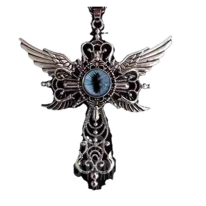 Alloy devil wings and cross geometric pendant necklace in five colour options.