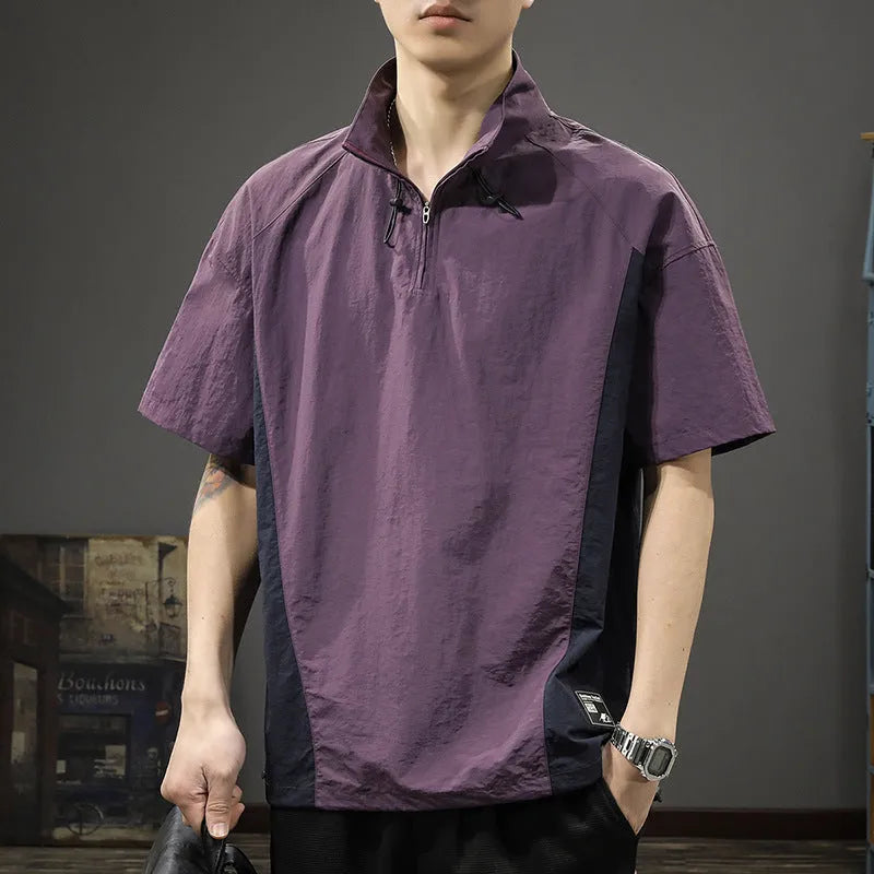 Men's short sleeve half-zip stand collar shirt in brown or purple ice silk fabric with loose fit