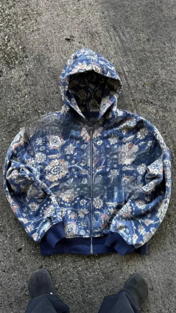 Men's blue loose fit zip hooded coat with digital printing, long sleeves and integrated hood