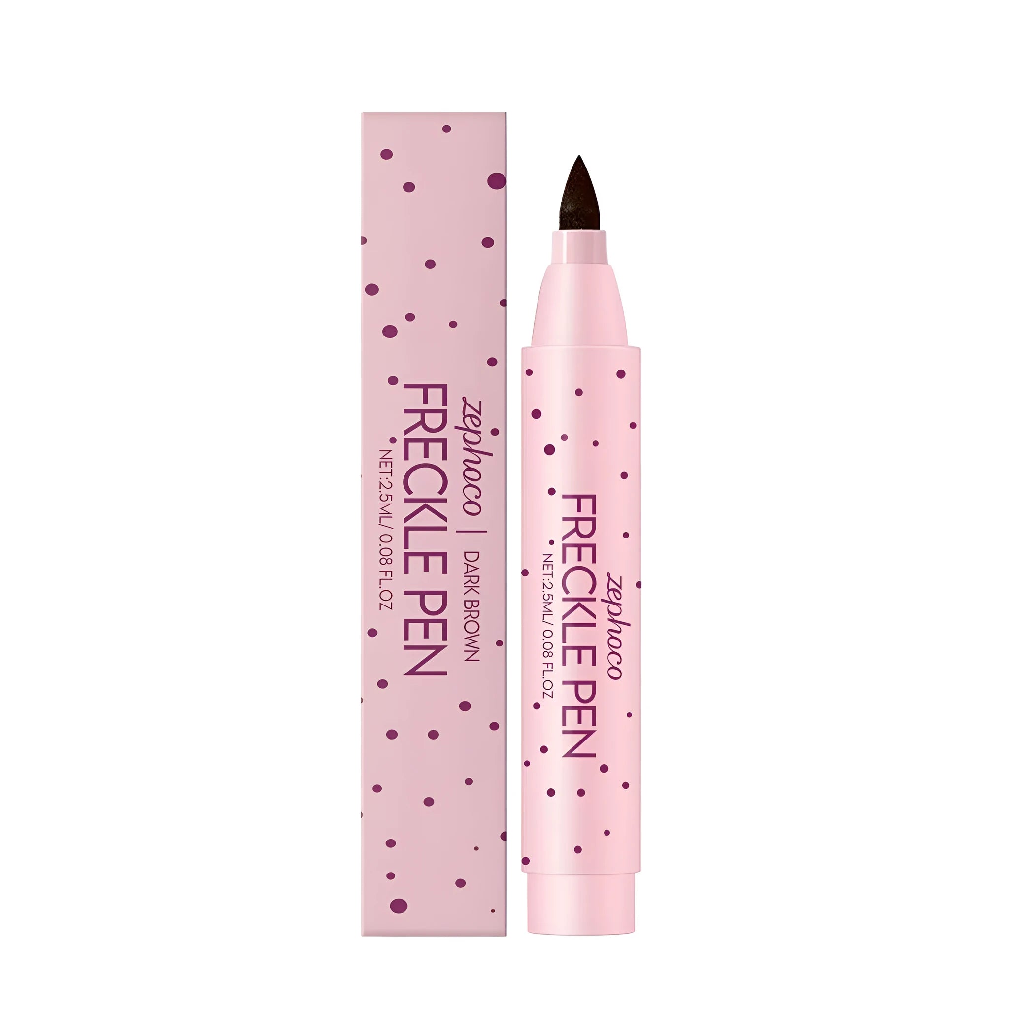 Freckle cosmetic pen for eyebrow definition and beauty spot application in light or dark brown