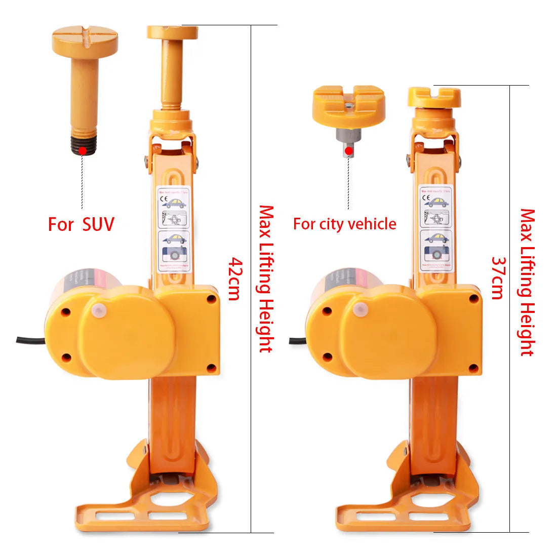 Yellow steel 12V electric car jack and wrench set for powered vehicle lifting and wheel nut removal.