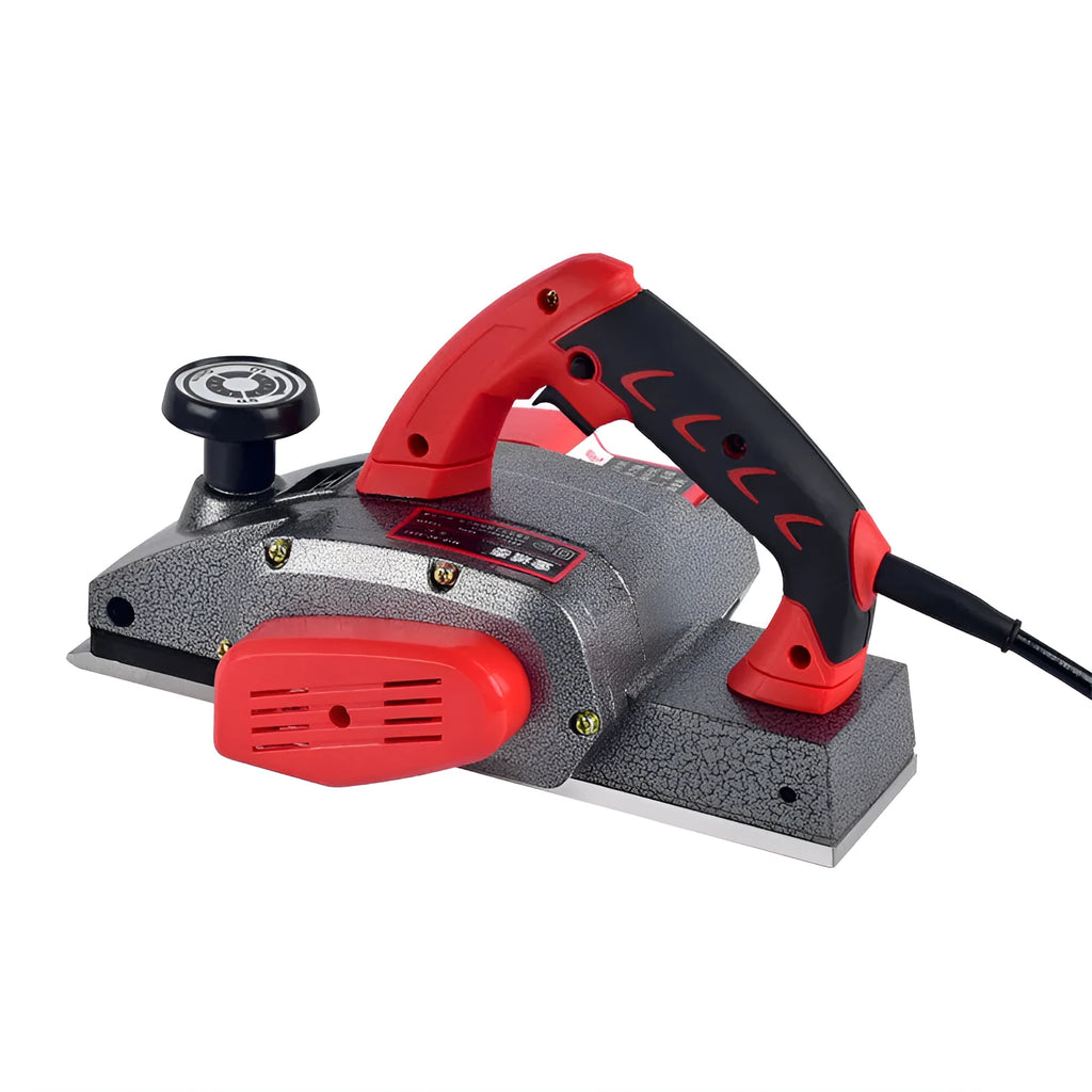 Red desktop electric wood planer with 82mm cutting width and aluminium housing