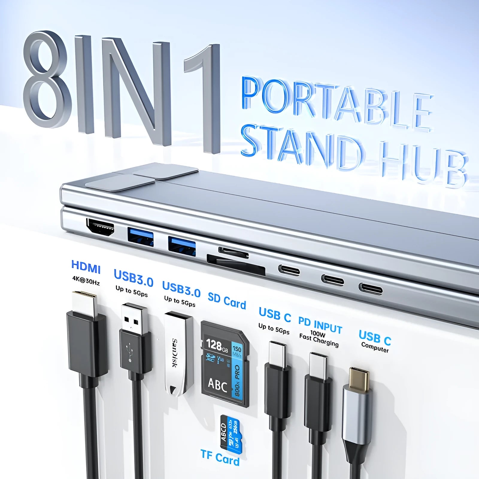 Aluminium alloy folding laptop docking station with 8-in-1 multi-interface hub showing compact design