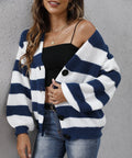 Women's striped button-front cardigan sweater in deer plush fabric, shown in blue.