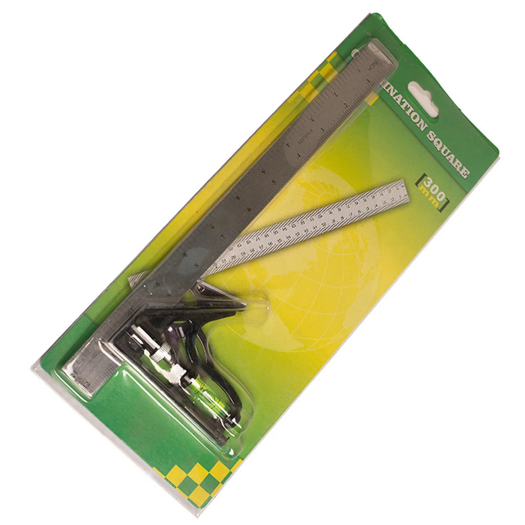 Red metal combination angle ruler with metric measurements and transparent storage bag