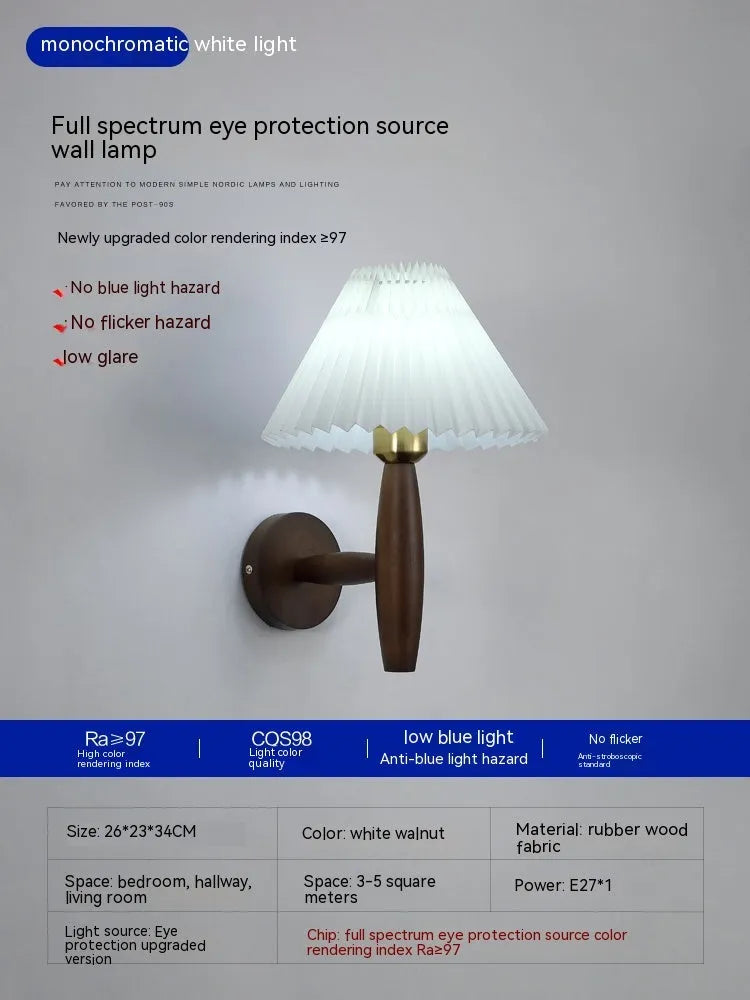 Walnut wood American retro bedside wall lamp with fabric shade and E27 socket
