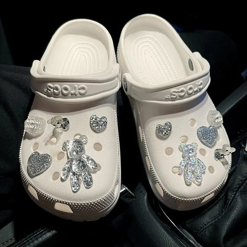 Crystal bear shoe buckle set on sneakers with resin plush material 1.2cm diameter