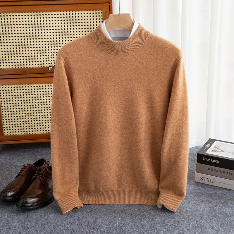 Men's loose fit half-collar wool sweater in a neutral colour on a hanger