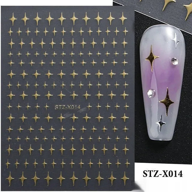 Set of 60 black and silver cartoon pattern nail strip stickers with plastic application patch.