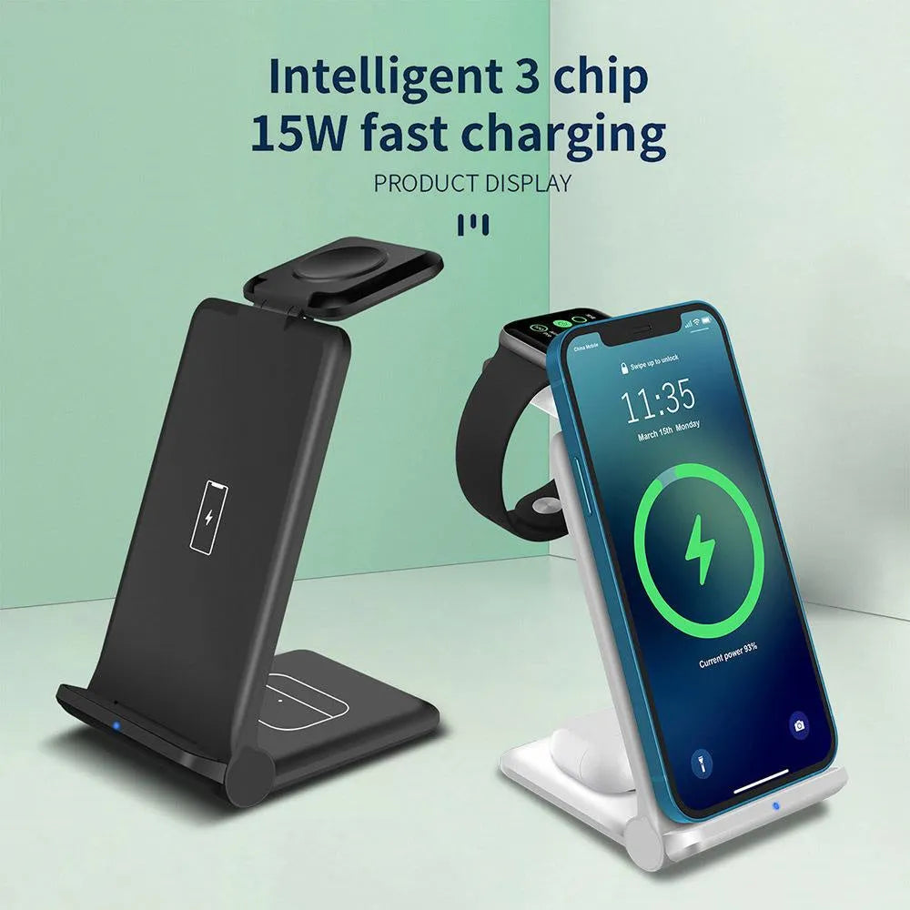 White 3-in-1 wireless charging station showing iPhone, Apple Watch, and AirPods charging simultaneously