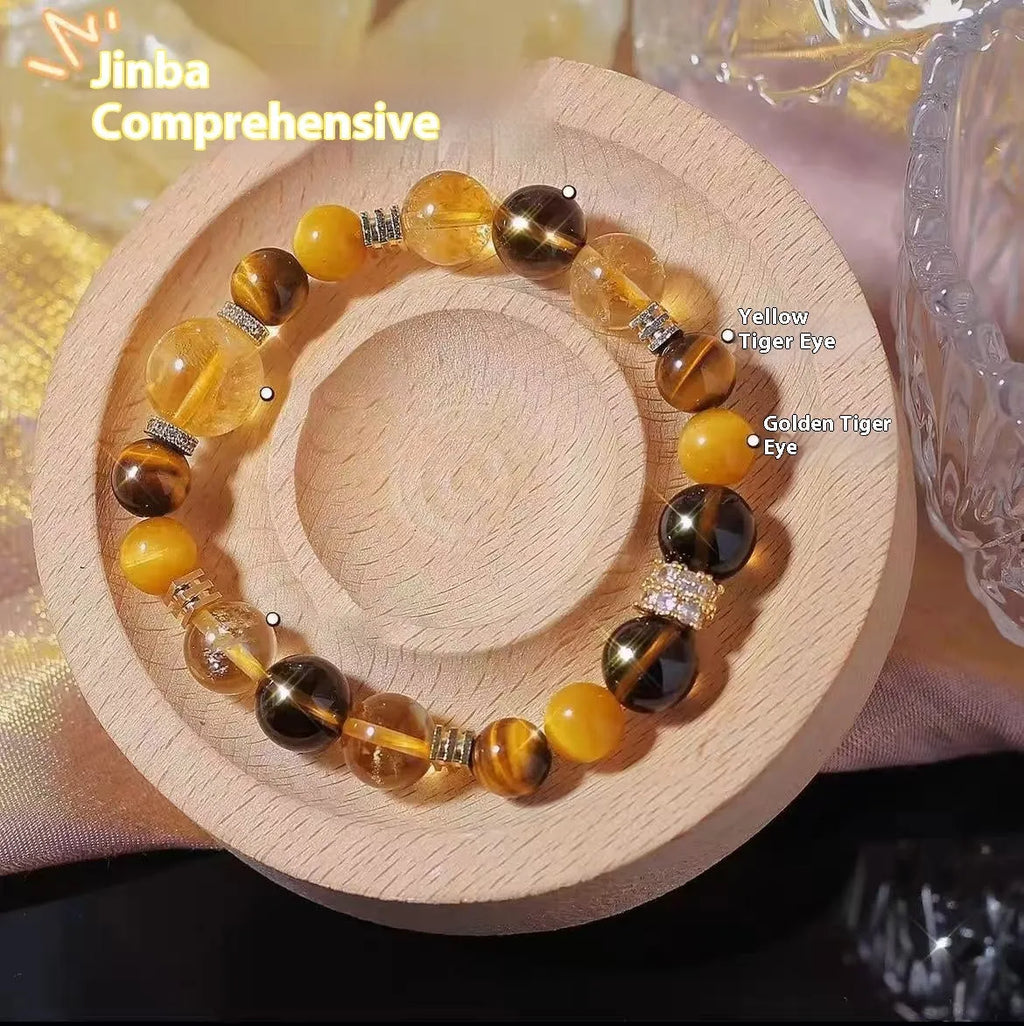 Natural yellow tower crystal string beads bracelet with 10mm Jinba large beads in unisex design