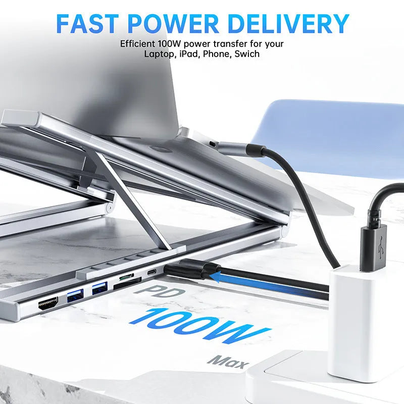 Aluminium alloy folding laptop docking station with 8-in-1 multi-interface hub showing compact design