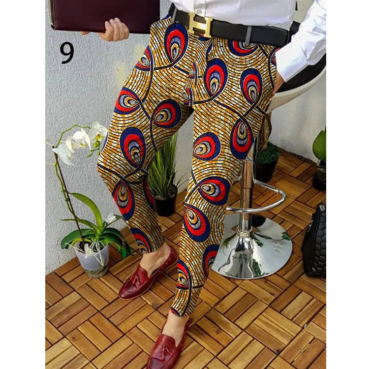 Men's slim-fit casual trousers with 3D printed plaid pattern in a straight leg style.