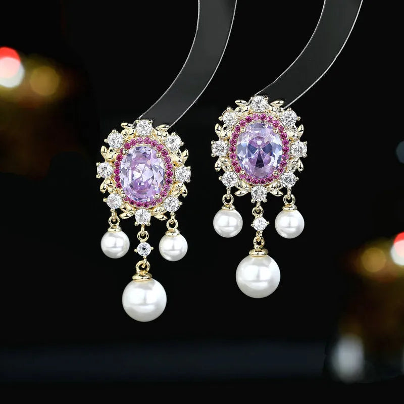 Oval geometric copper earrings with zircon inlay and pearl tassels in light purple colour