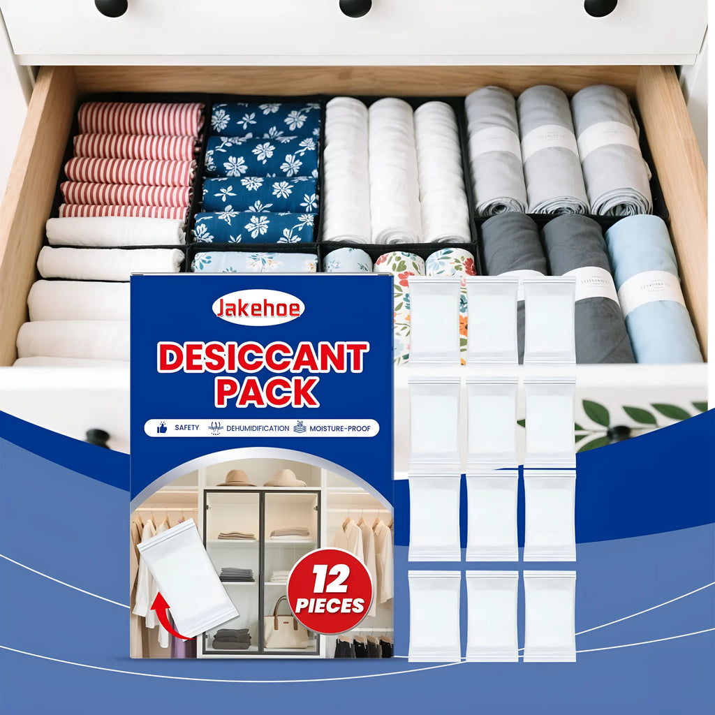 Pack of twelve reusable household desiccant moisture absorber units with hanging bags