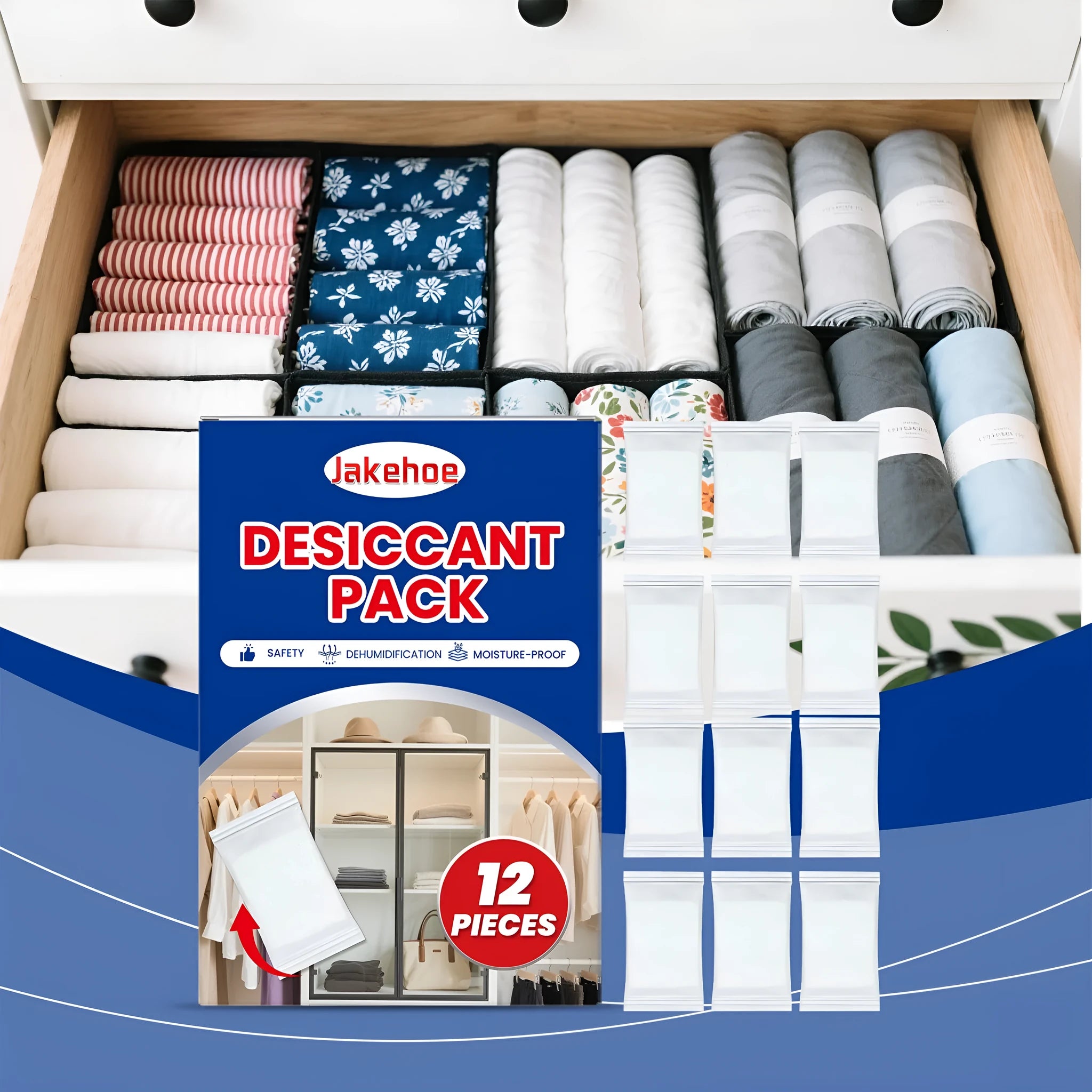 Pack of twelve reusable household desiccant moisture absorber units with hanging bags