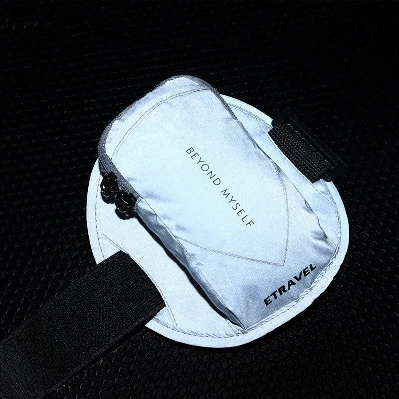 Lightweight reflective running arm bag shown in black, fluorescent yellow, and silver grey colours.