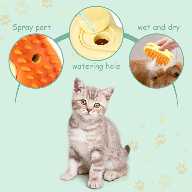3-in-1 steam pet grooming brush with dog-shaped handle for cats and dogs on a white background.