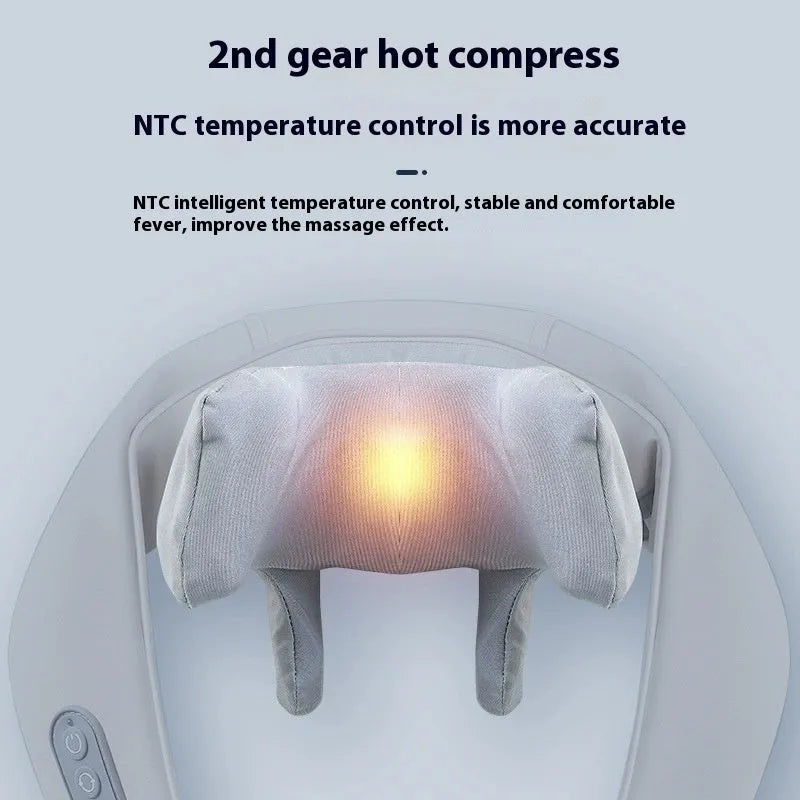 Grey elastic fabric neck and back massager with infrared physiotherapy function and USB charging port