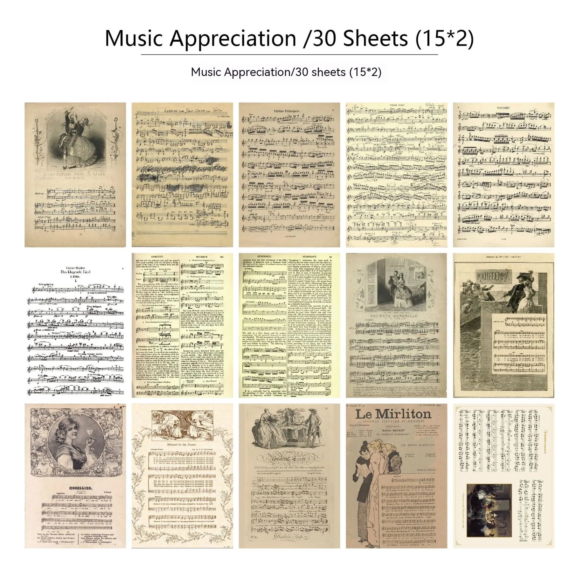 Pack of 30 retro-style scrapbook decoration papers with six different printed designs.