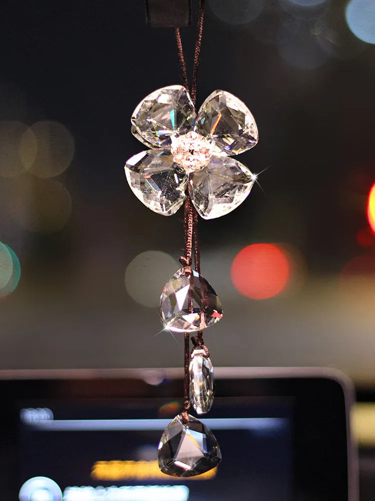 Crystal four leaf clover car pendant measuring approximately 20cm in transparent, champagne, black or shiny finish
