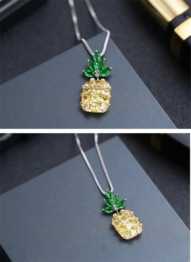 Korean fashion silver plated necklace with geometry pineapple diamond pendant and copper white gold plating