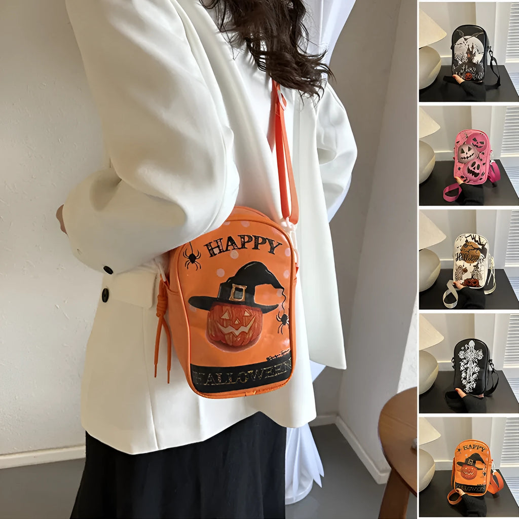 Halloween graffiti crossbody phone bag with pumpkin ghost bat print in medium size