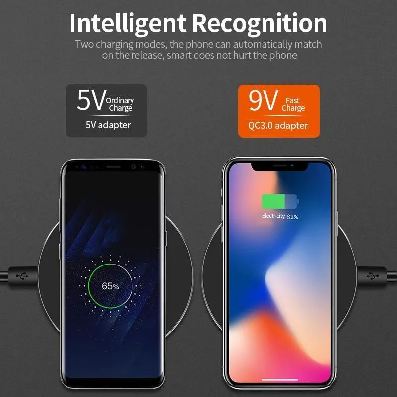 Ultra-thin black wireless fast charging pad with 9V support and 98mm square dimensions