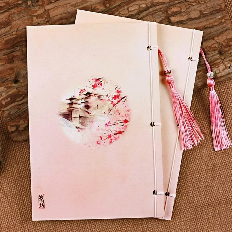 Watercolour retro Chinese style thread-bound notebook with Azalea colour paper cover, 140x208mm