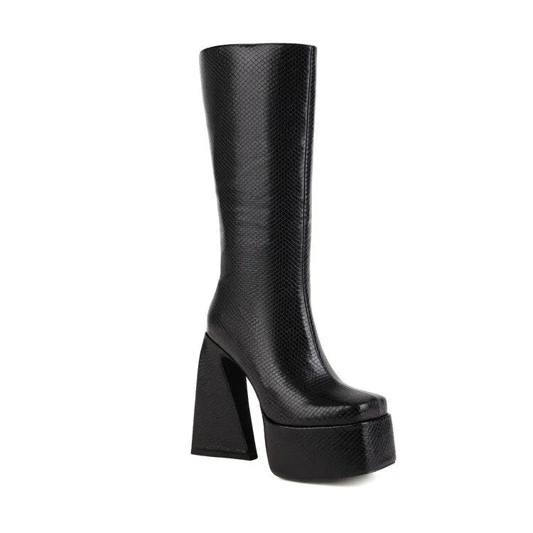 Women's black artificial PU leather high boots, casual style, shown from the side.