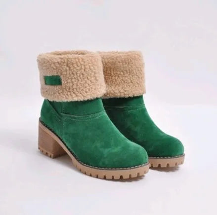Women's black suede mid-tube snow boots with a round toe and thick low heel on a waterproof platform.