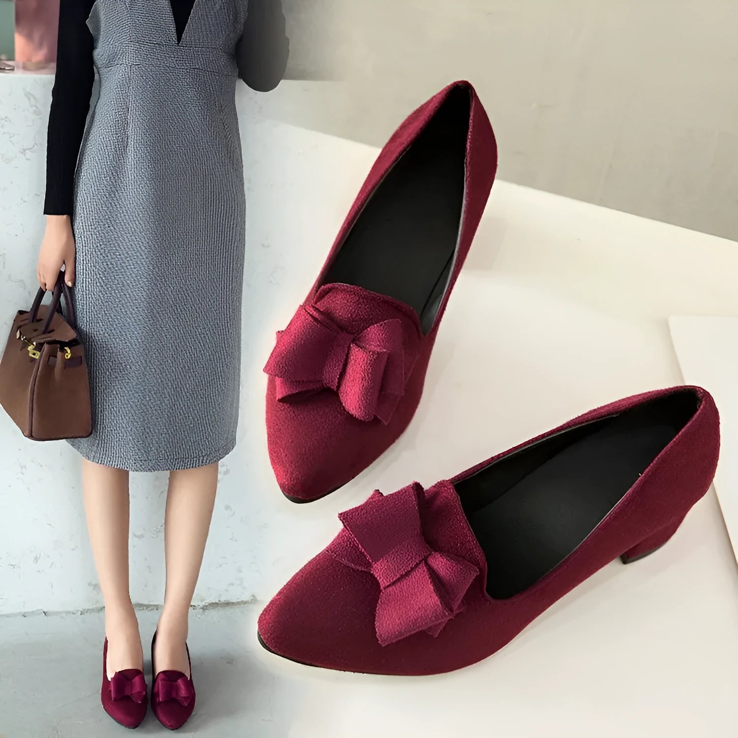 Pointy chunky medium heel shoes in black nubuck with 5.5cm block heel