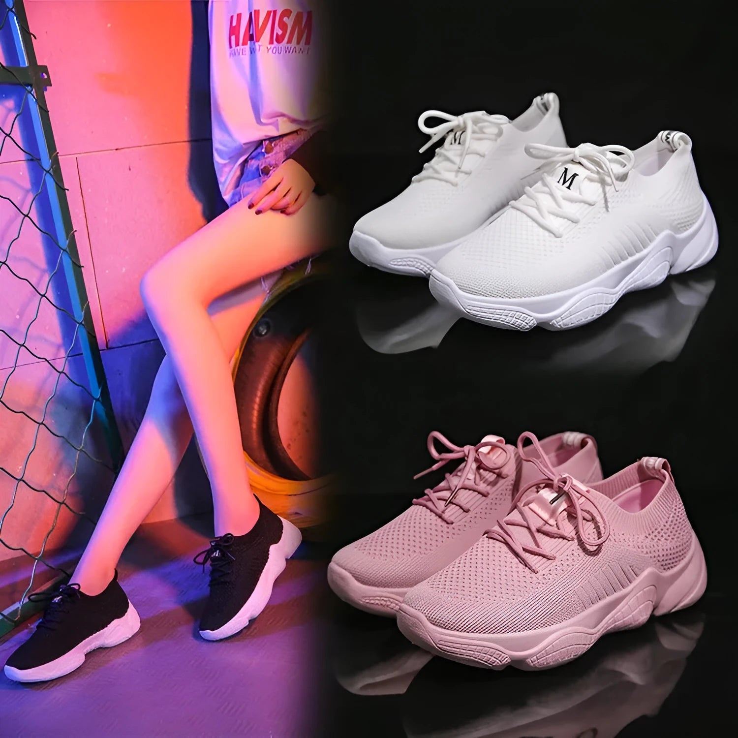 Women's white thick-soled casual sports shoes with woven upper and front strap closure.