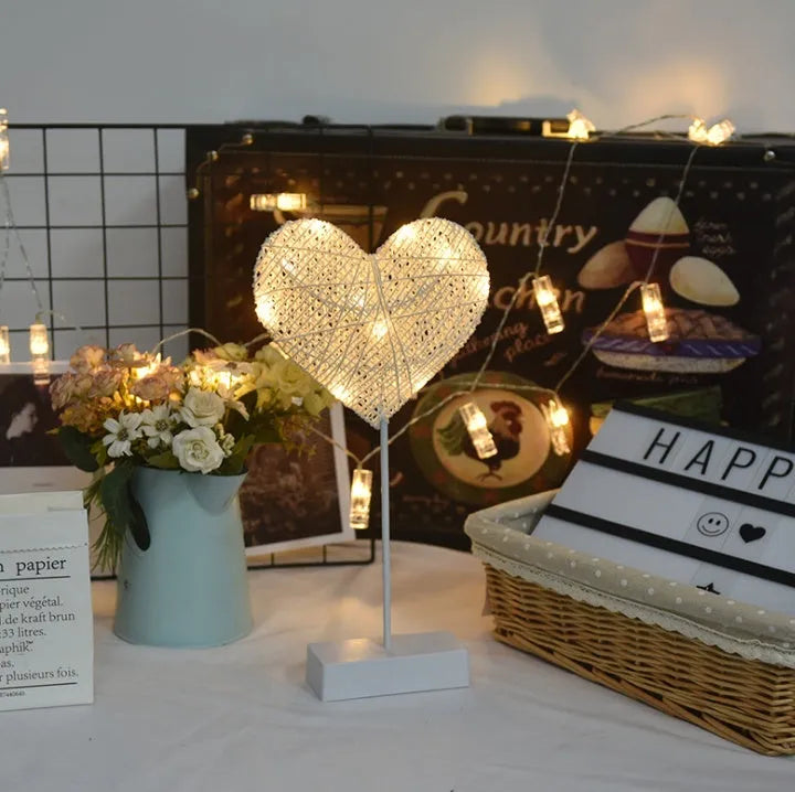 Rattan LED table lamp in star, heart, or moon shape with copper wire framework for bedroom decoration