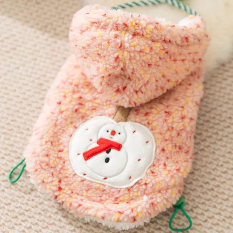 Christmas sherpa dog hoodie with colourful dots snowman embroidery pink green sizes XS-XXL