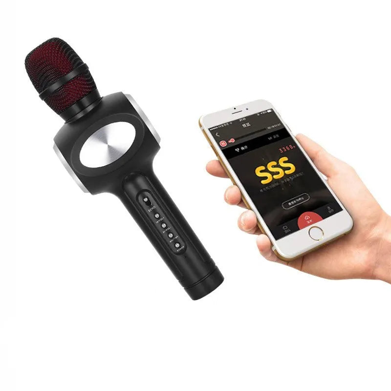 Yaerjia E108 wireless karaoke microphone in black, gold, or pink colours with built-in speaker