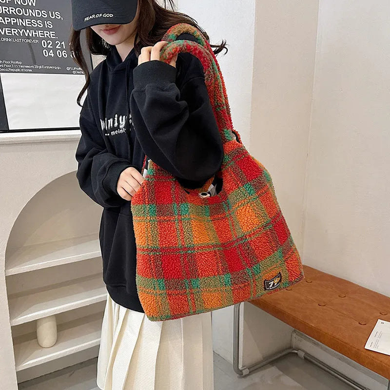 Women's plaid crossbody tote bag in soft plush material with dimensions 40x44x9cm
