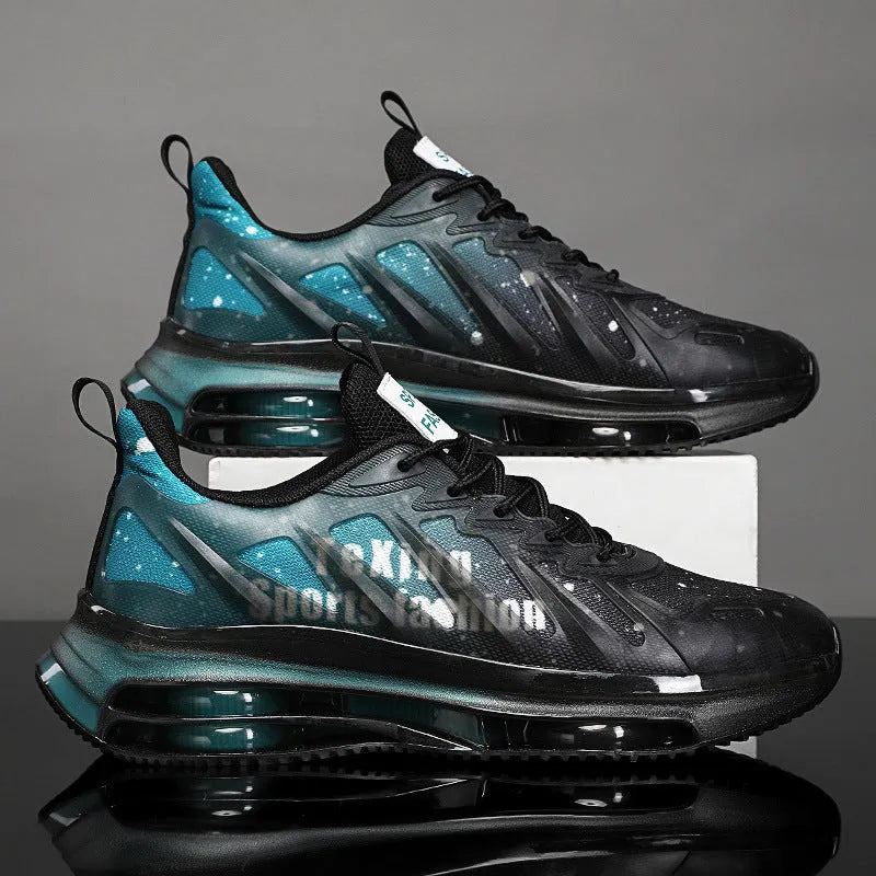 Men's heightened daddy shoes in black green colour with mesh upper and platform sole