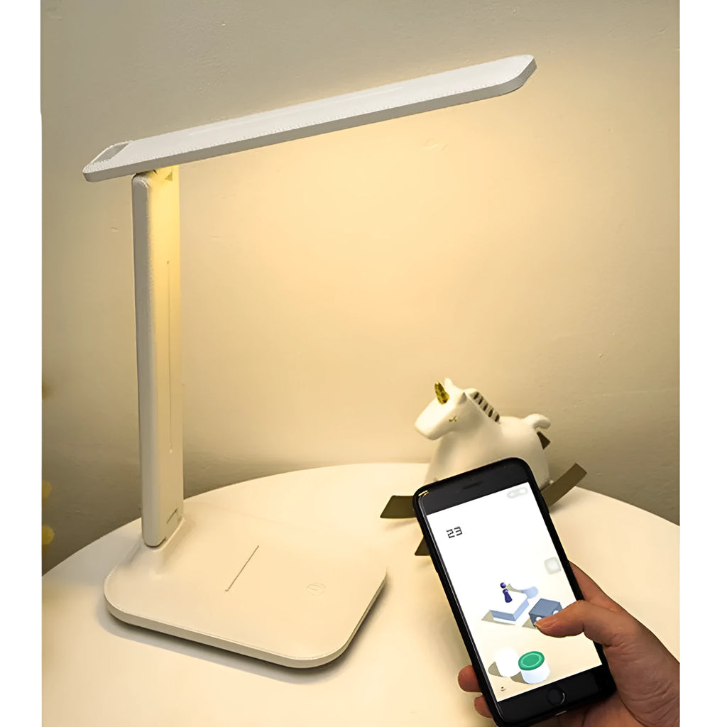 White plastic USB rechargeable bedside lamp with touch dimming controls for children's bedrooms