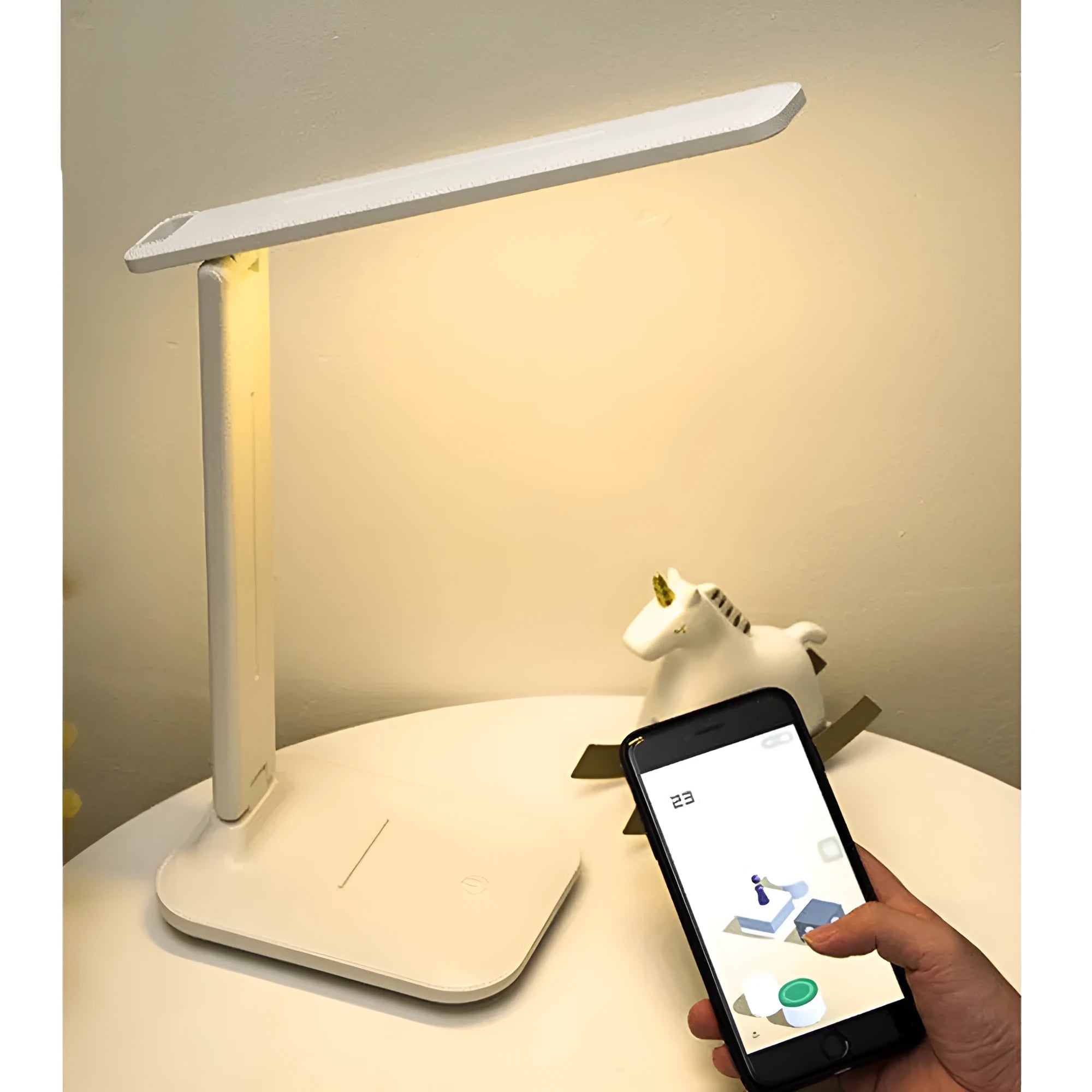 White plastic USB rechargeable bedside lamp with touch dimming controls for children's bedrooms